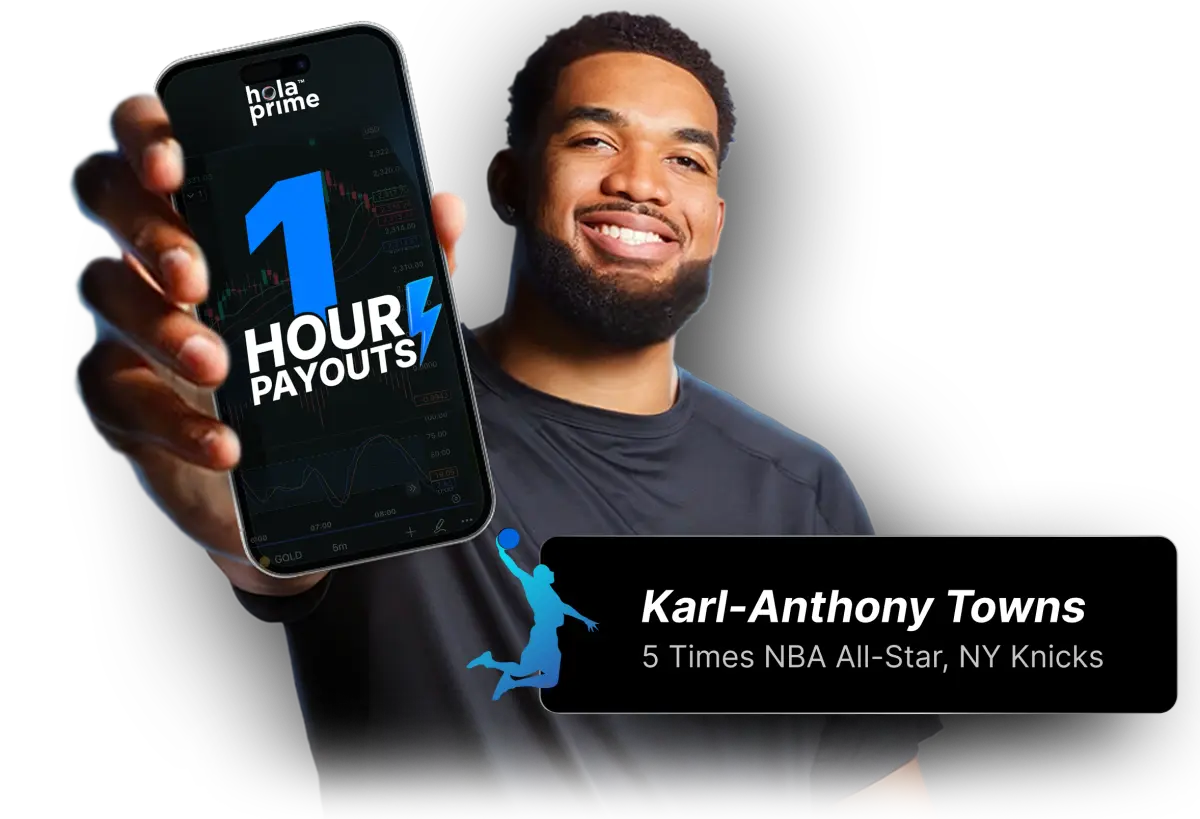 Hola Prime “1 hour payouts” forex prop firm promo image with person holding phone
