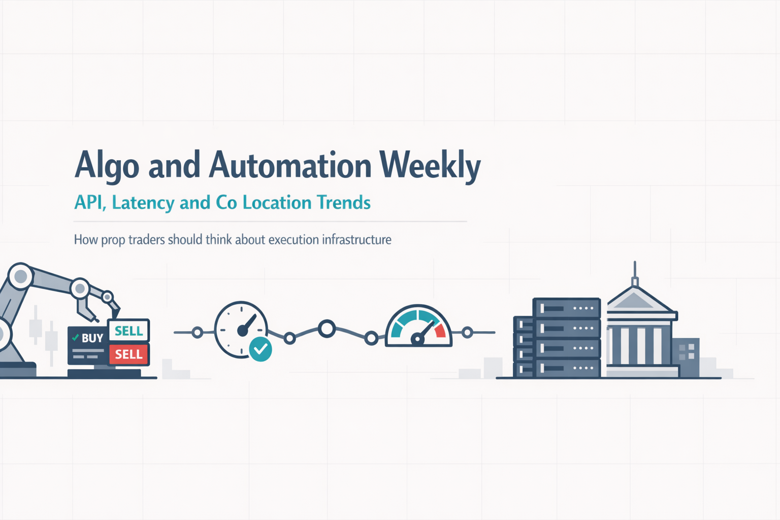 Hero banner for Algo and Automation Weekly: API, Latency and Co Location Trends showing automation, network latency and data center proximity icons