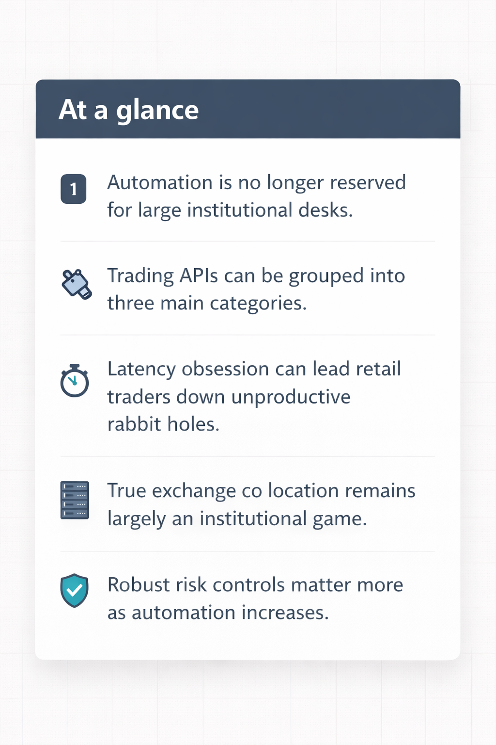 At a glance infographic summarizing five key points about automation, trading APIs, latency, co-location and risk controls for prop traders