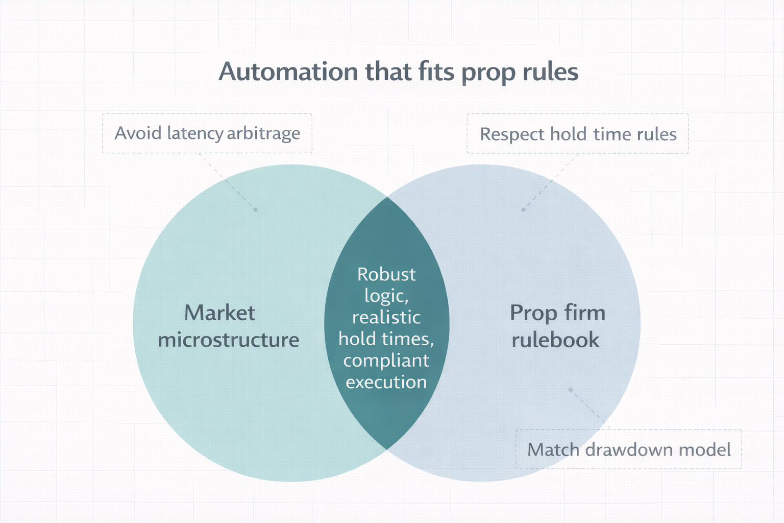 Venn diagram showing overlap between market microstructure and prop firm rulebook for compliant automated trading strategies