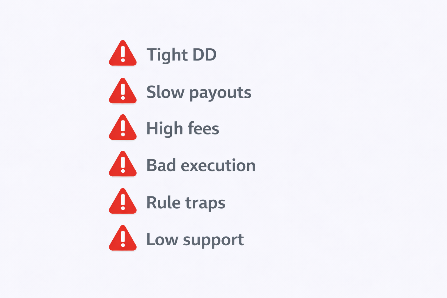 Checklist of warning signs: tight drawdown, slow payouts, high fees, bad execution, rule traps, low support.