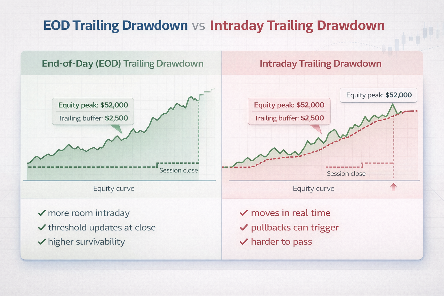 Diagram comparing end-of-day drawdown versus intraday trailing drawdown for futures prop firm accounts