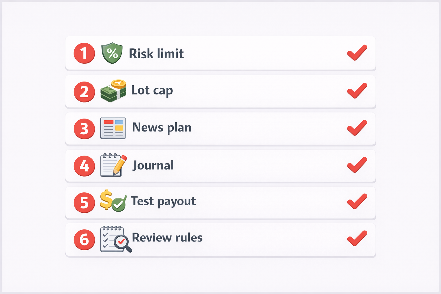First-week checklist for instant funding: risk limit, lot cap, news plan, journal, test payout, review rules.