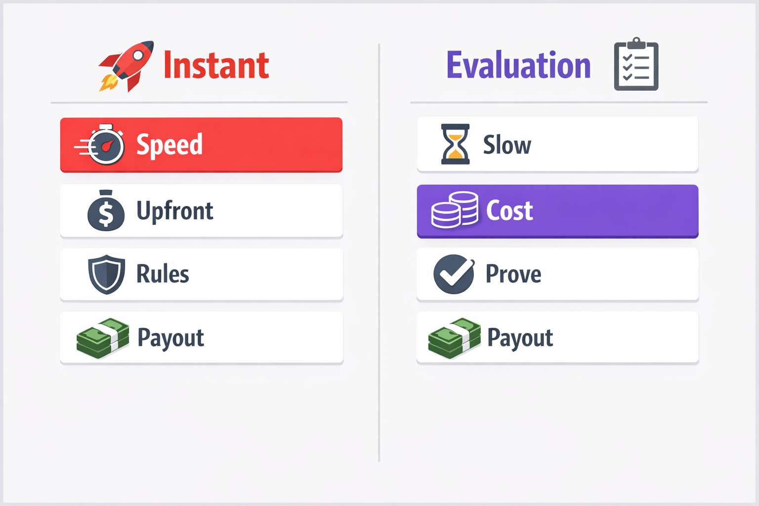 Instant vs evaluation side-by-side infographic showing key tradeoffs.