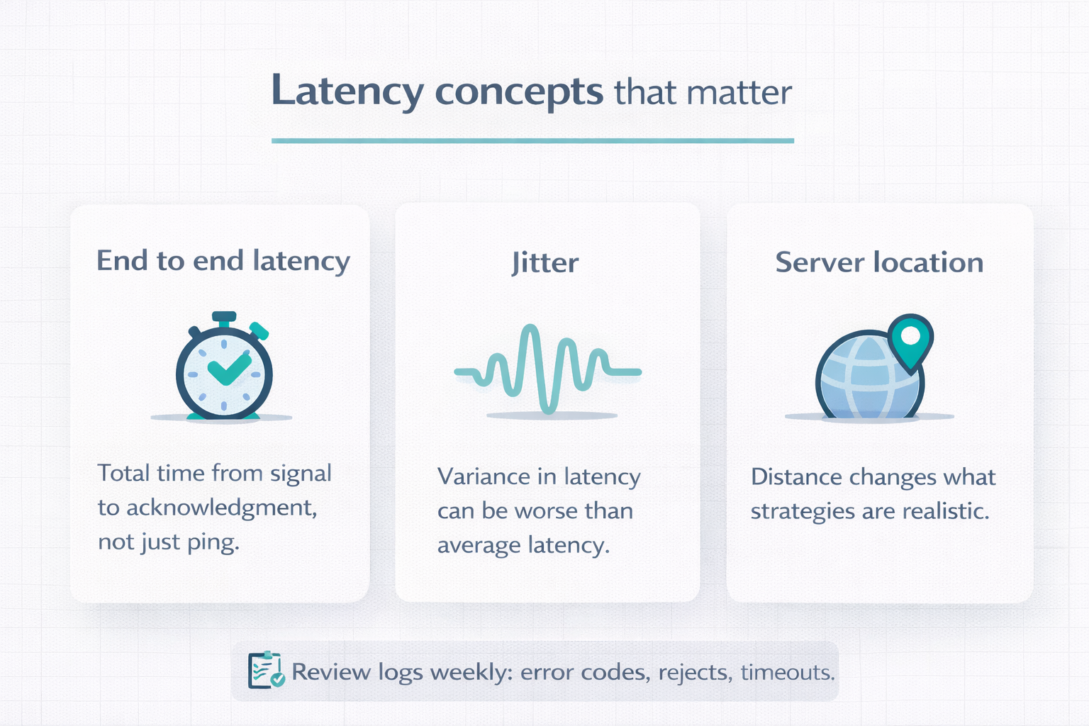 Three cards explaining latency concepts: end to end latency, jitter and server location, with icons for stopwatch, wavy line and globe pin
