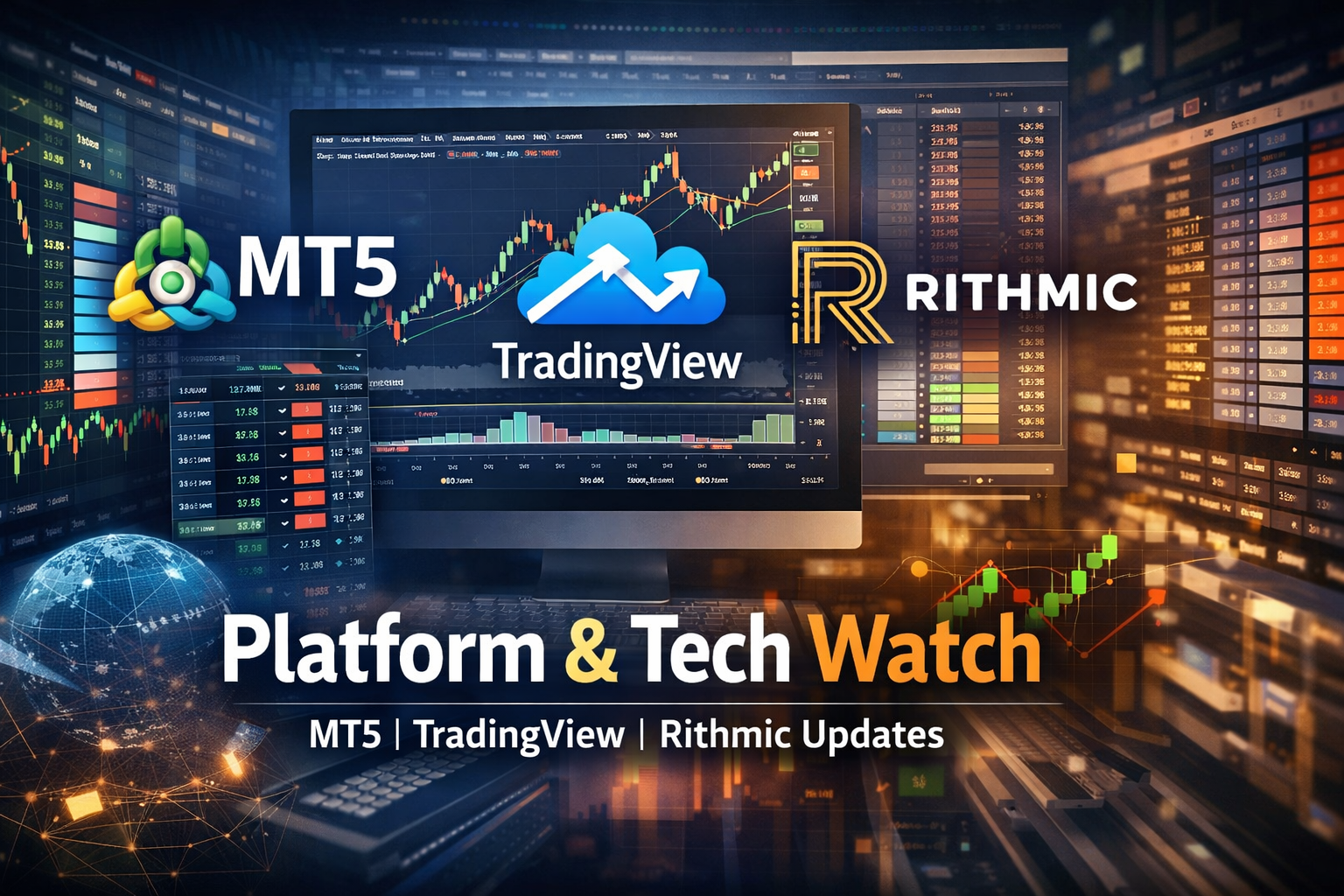 Platform & Tech Watch graphic featuring MT5, TradingView and Rithmic with market charts