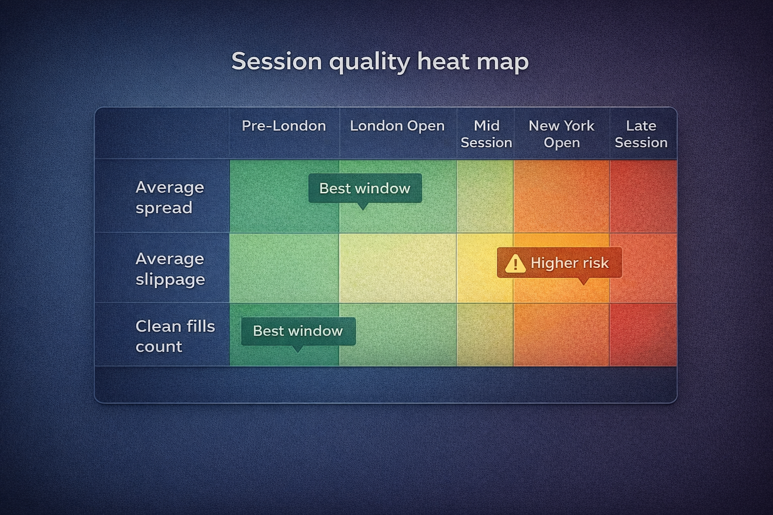 Session quality heat map showing spread and liquidity by time window