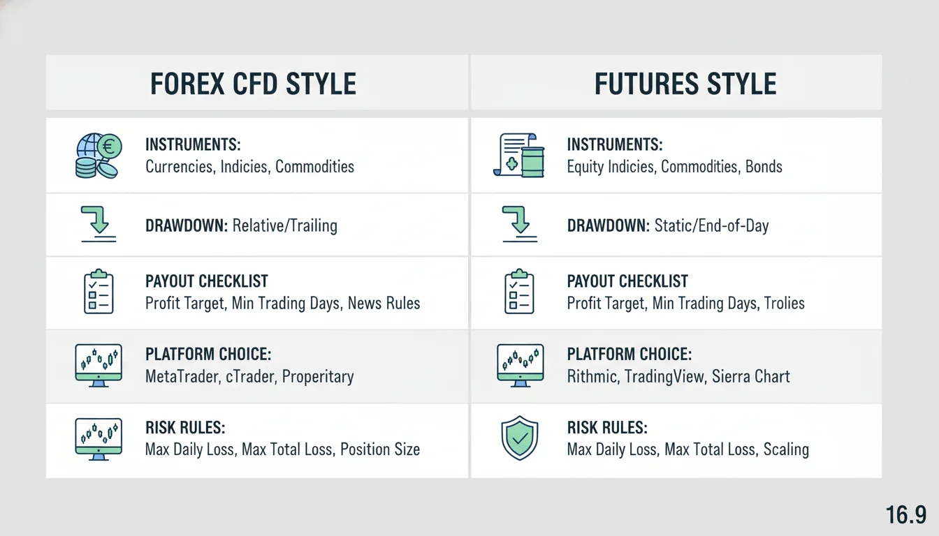 Educational decision matrix comparing generic forex CFD and futures prop trading fit factors.