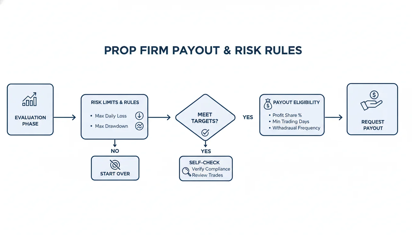 Educational payout and risk workflow from evaluation to funded account to payout eligibility.