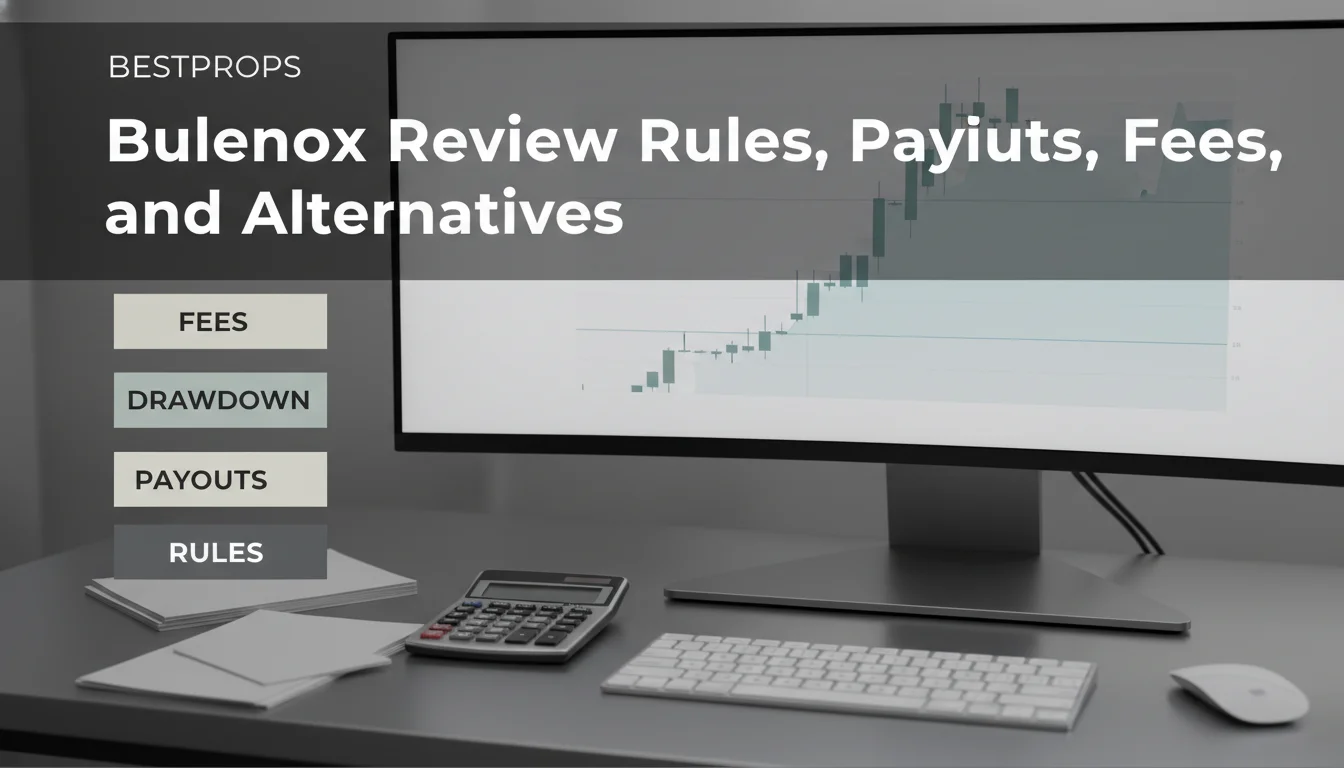 Bulenox review editorial hero showing a futures trader comparing account rules, payout terms, and drawdown limits on a clean workstation.