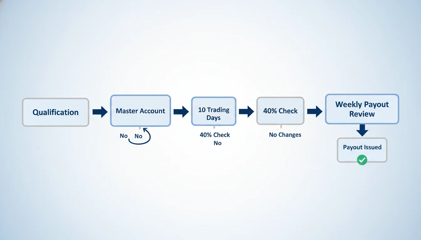 Bulenox payout flow visual showing Qualification Account, Master Account, 10 trading day payout eligibility, 40% consistency check, weekly Wednesday processing, and reserve threshold.