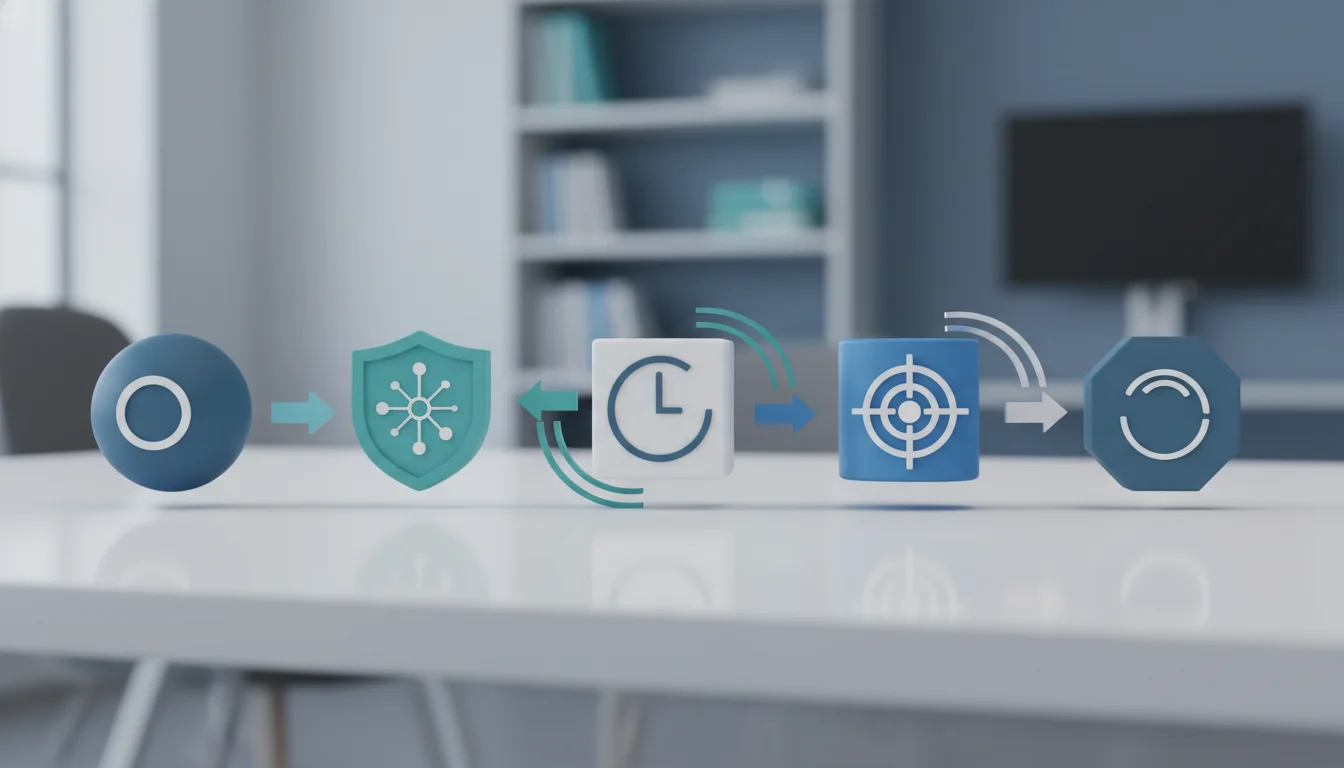 Text-free workflow tokens showing risk, platform, timing, and strategy fit in sequence.