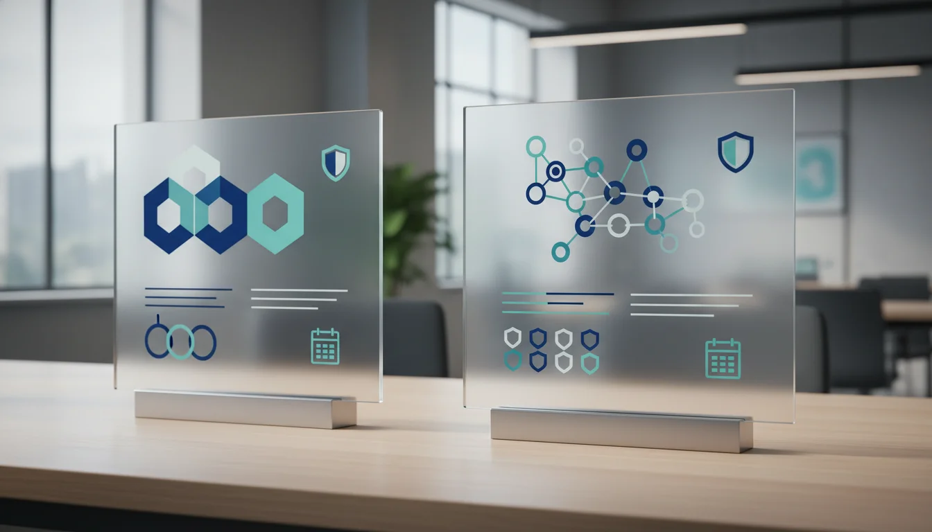 Two abstract comparison boards with icons and blank rows for reviewing prop firm rule fit.
