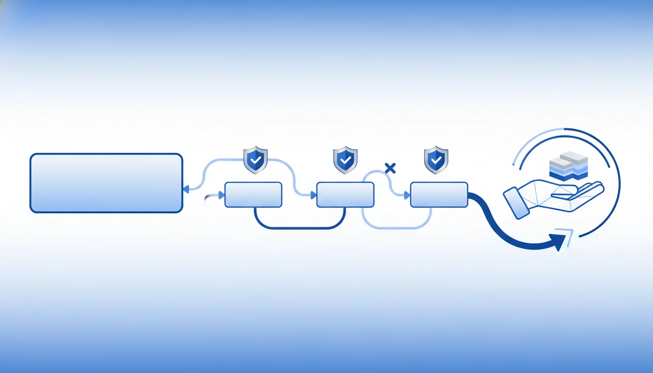 Abstract editorial illustration of a payout review workflow with blank checkpoints.