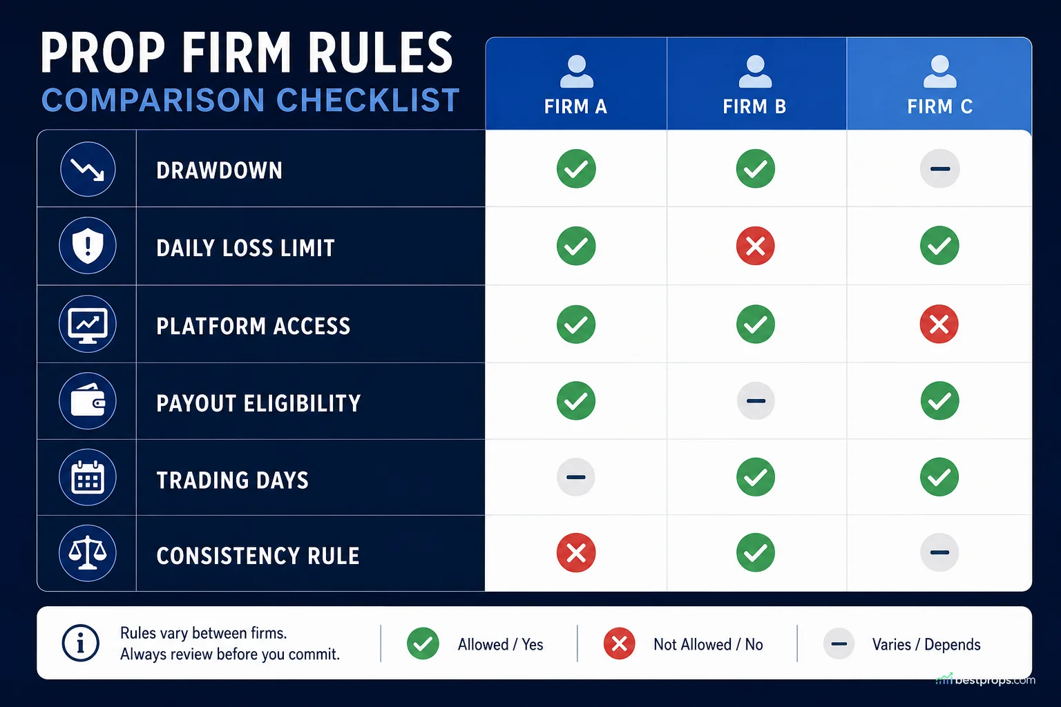 Rules checklist image for prop firm comparison
