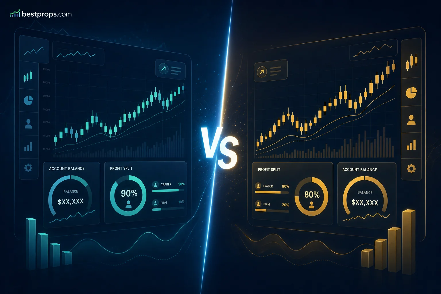 FundedNext vs Funding Pips prop firm comparison illustration with split-screen trading dashboards
