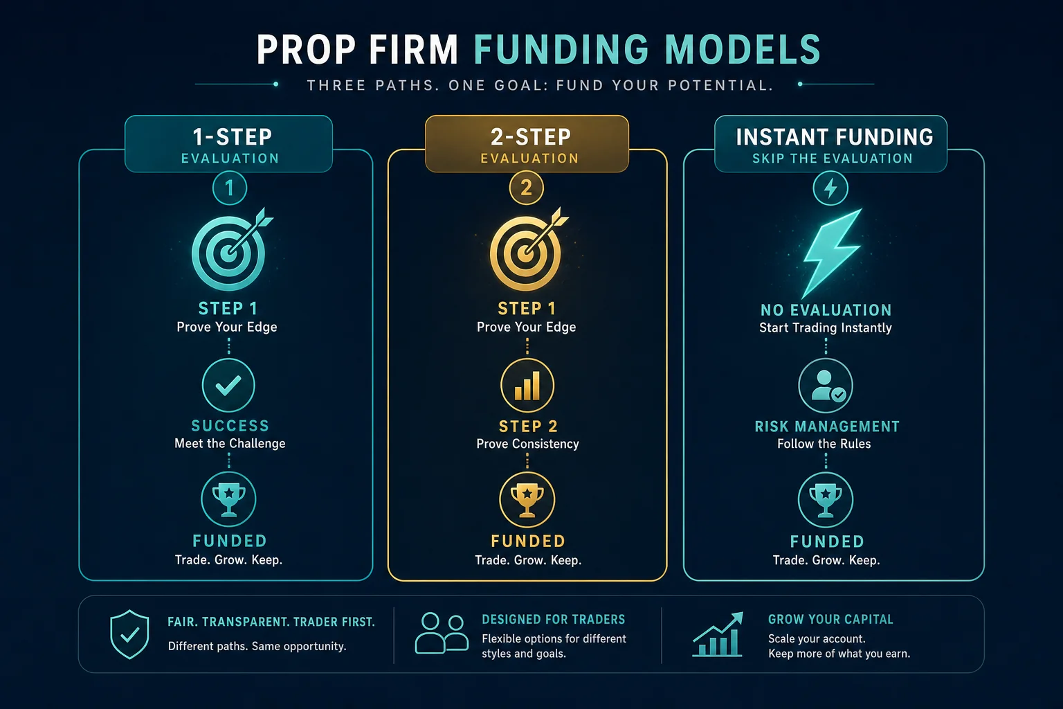 Diagram of prop firm funding models showing 1-step, 2-step, and instant funding routes