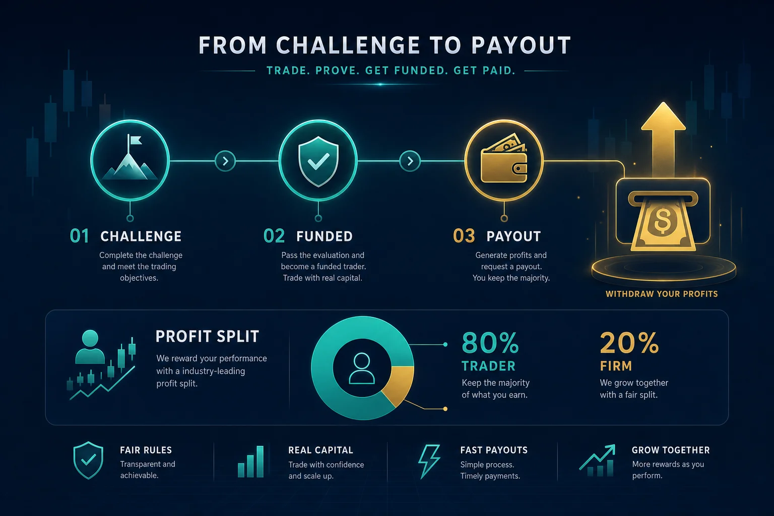 Prop firm payout timeline from challenge to funded to payout with a profit-split indicator