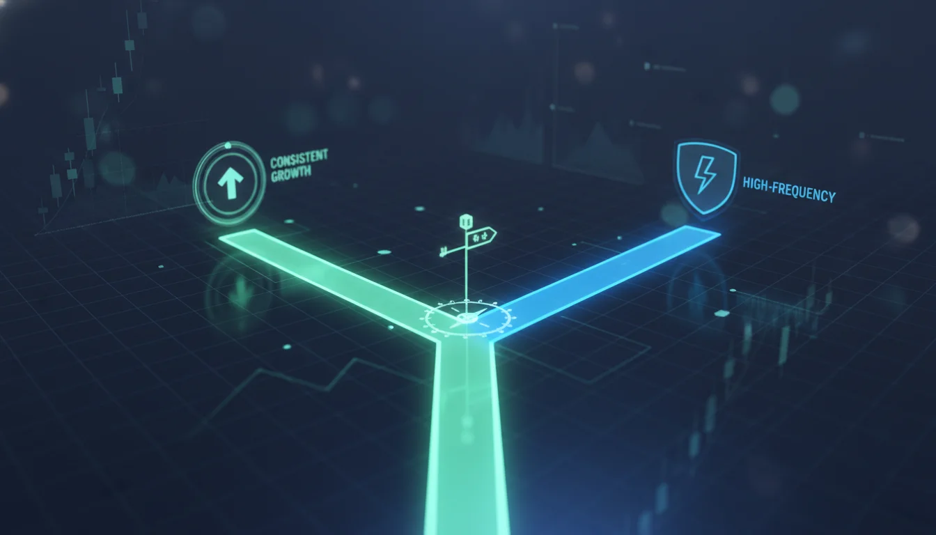 A trader at a crossroads choosing between two prop firm paths leading to funded accounts