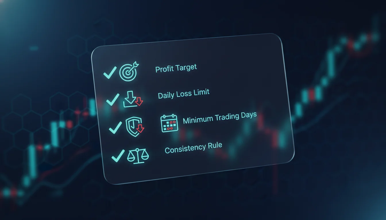 Prop firm trading challenge rules checklist showing profit target, daily loss limit, minimum trading days, and consistency rule icons