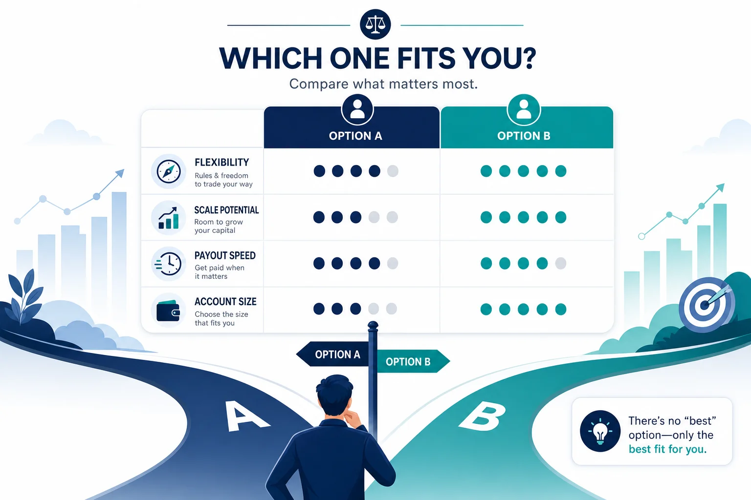 Abstract decision-matrix illustration comparing two prop trading firms across flexibility, scale, payout speed, and account size
