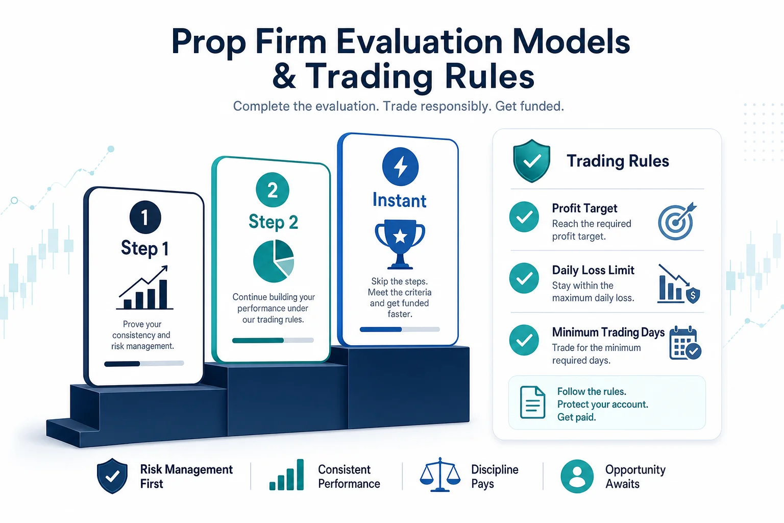 Abstract illustration of prop-firm evaluation steps and a trading-rules checklist representing Goat Funded Trader's range of funding models