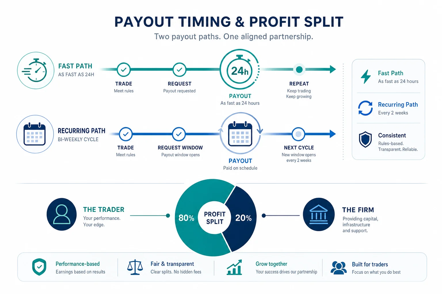Abstract timeline illustration comparing a 24-hour payout stopwatch with a recurring bi-weekly payout cycle and a profit-split segment