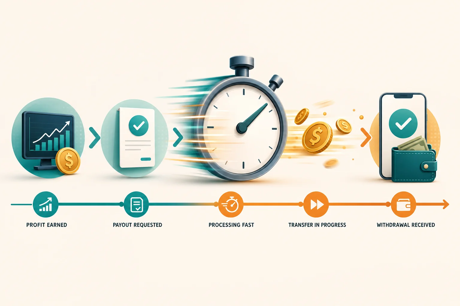 Illustration of a fast prop firm payout timeline from profit earned to withdrawal received
