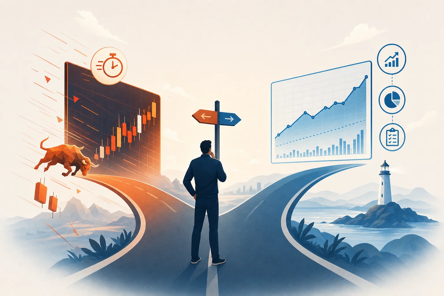 A trader at a crossroads choosing between fast-paced and steady prop firm trading styles