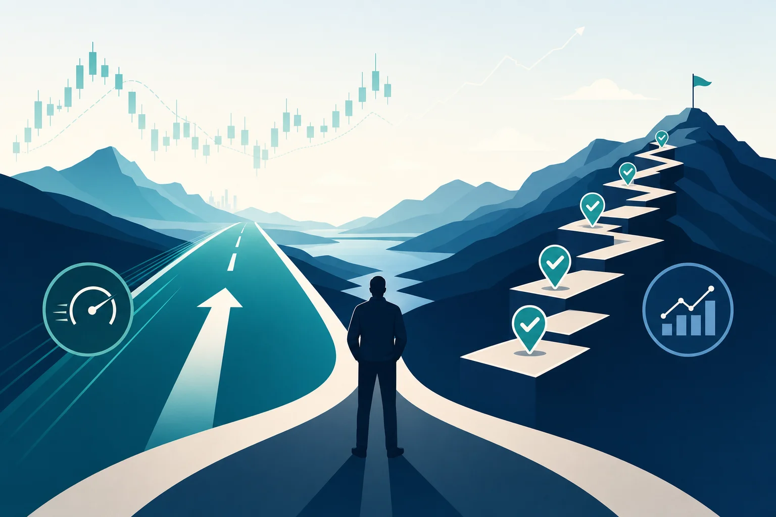 A trader at a crossroads choosing between a fast straight highway and a measured stepped path with checkpoints