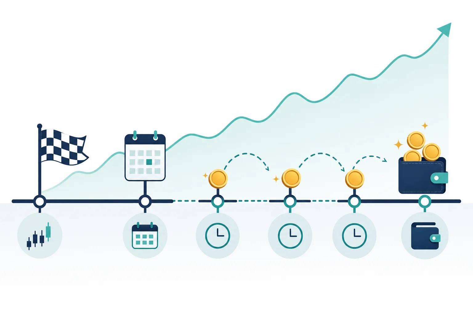 Payout timeline concept showing a first-trade milestone followed by recurring withdrawals into a wallet at regular intervals