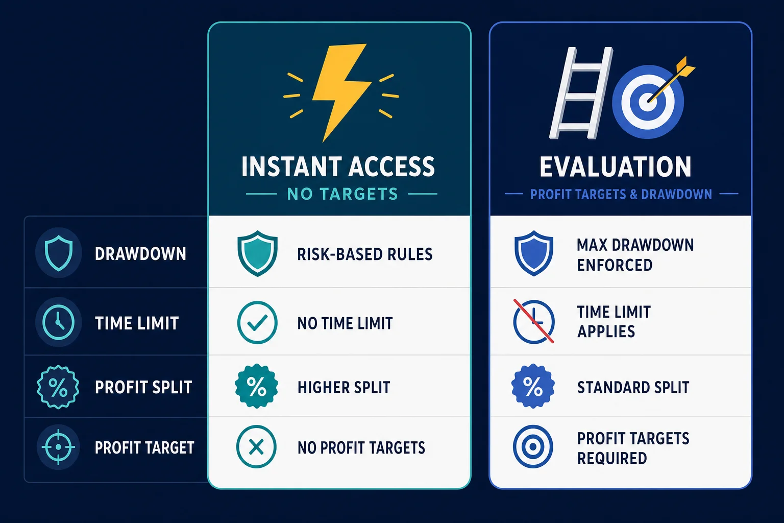 Side-by-side comparison of an instant-funding prop account versus a two-step evaluation account, showing icons for drawdown, time limit, and profit split
