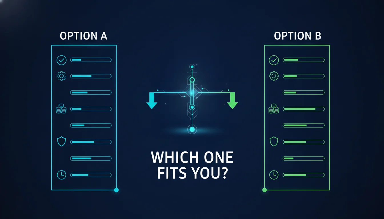 Abstract decision-matrix illustration comparing two prop-firm options across price, rules, payouts, and platforms