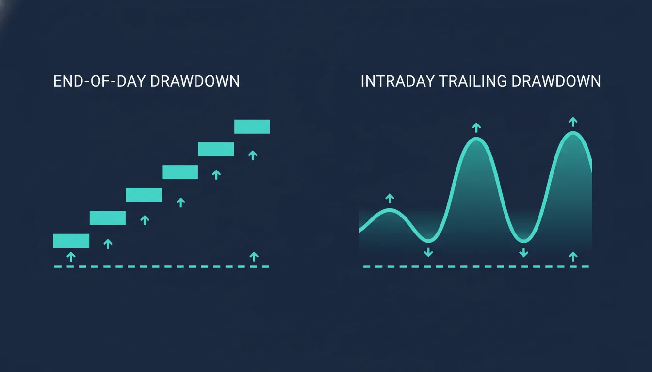Diagram comparing end-of-day drawdown that trails then locks versus an intraday trailing drawdown that hugs the account high-water mark