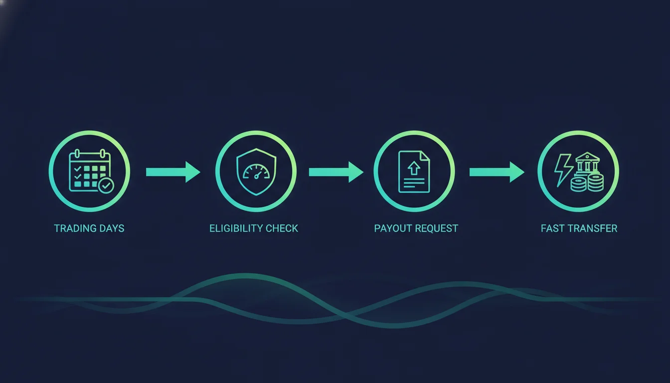 Flow diagram of a prop-firm payout process: qualifying trading days, eligibility check, payout request, and fast transfer