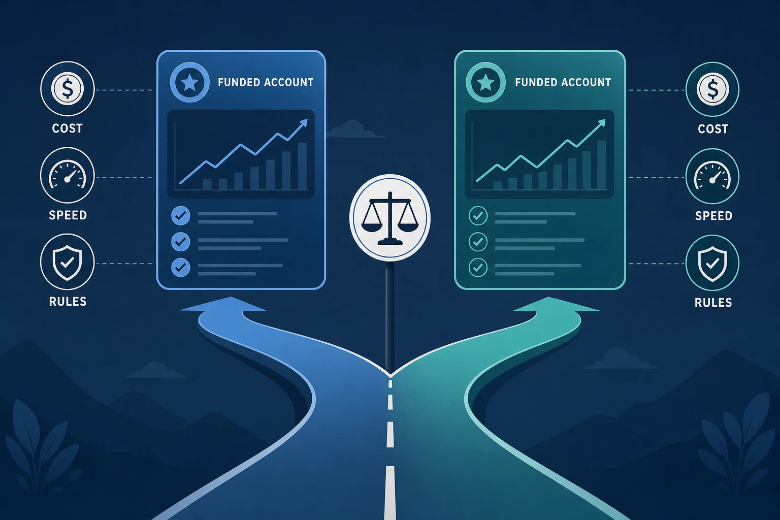 Illustration of a trader choosing between two prop firm paths, one tinted blue and one teal, comparing cost, speed, and rules