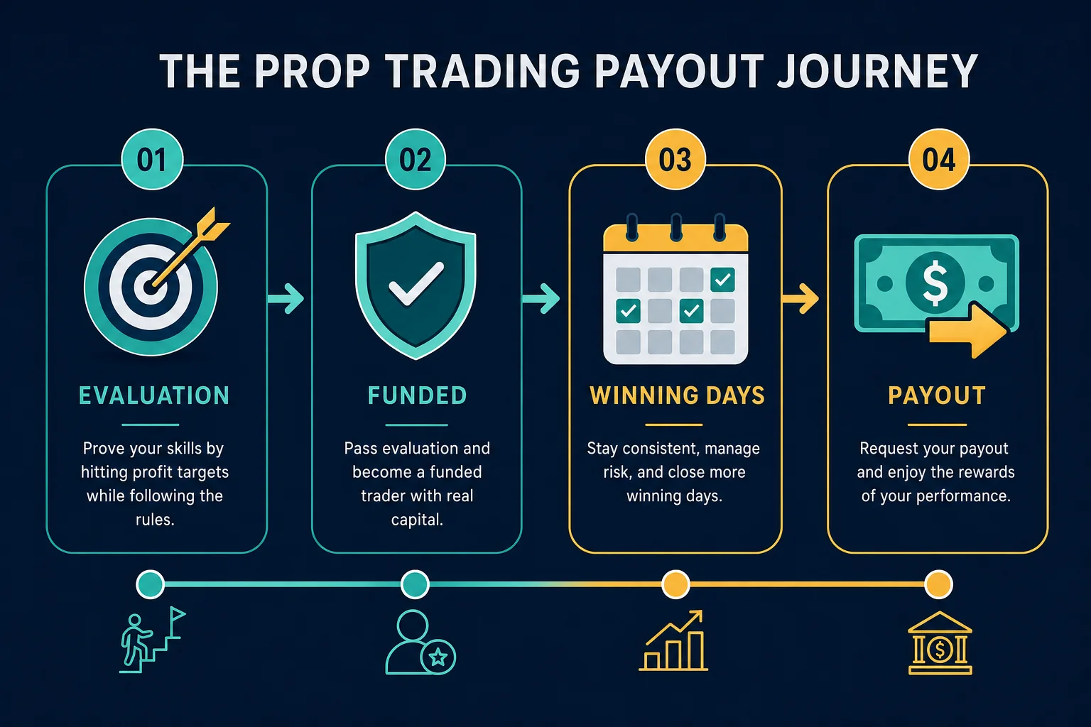 Process-flow diagram of a prop trading payout process from evaluation to funded account to winning days to payout