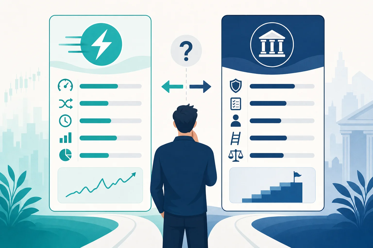 Illustration comparing a flexible prop firm versus a structured prop firm to help a trader decide