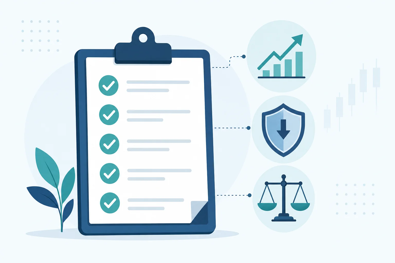 Illustration of a prop firm trading evaluation rulebook with profit target, loss limit, and consistency rule icons