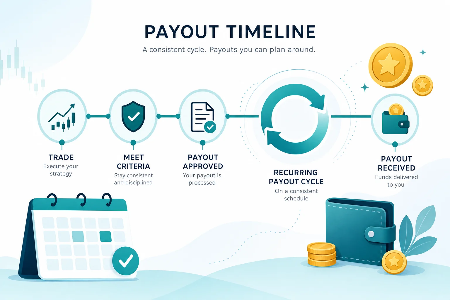Illustration of a recurring payout cycle and timeline with milestone markers and a refresh icon