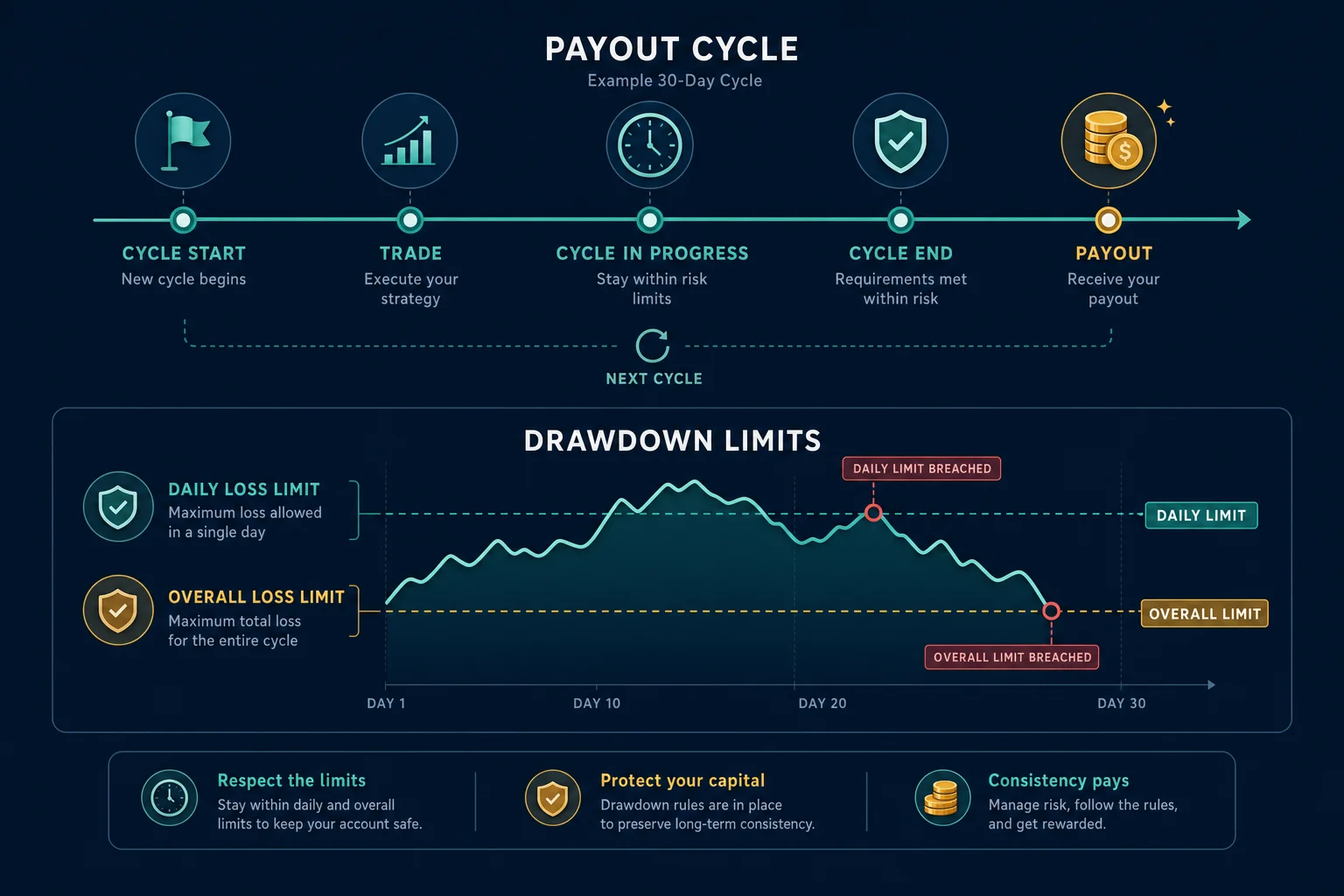 Prop firm payout cycle and drawdown limit concept for OneFunded and FundedNext