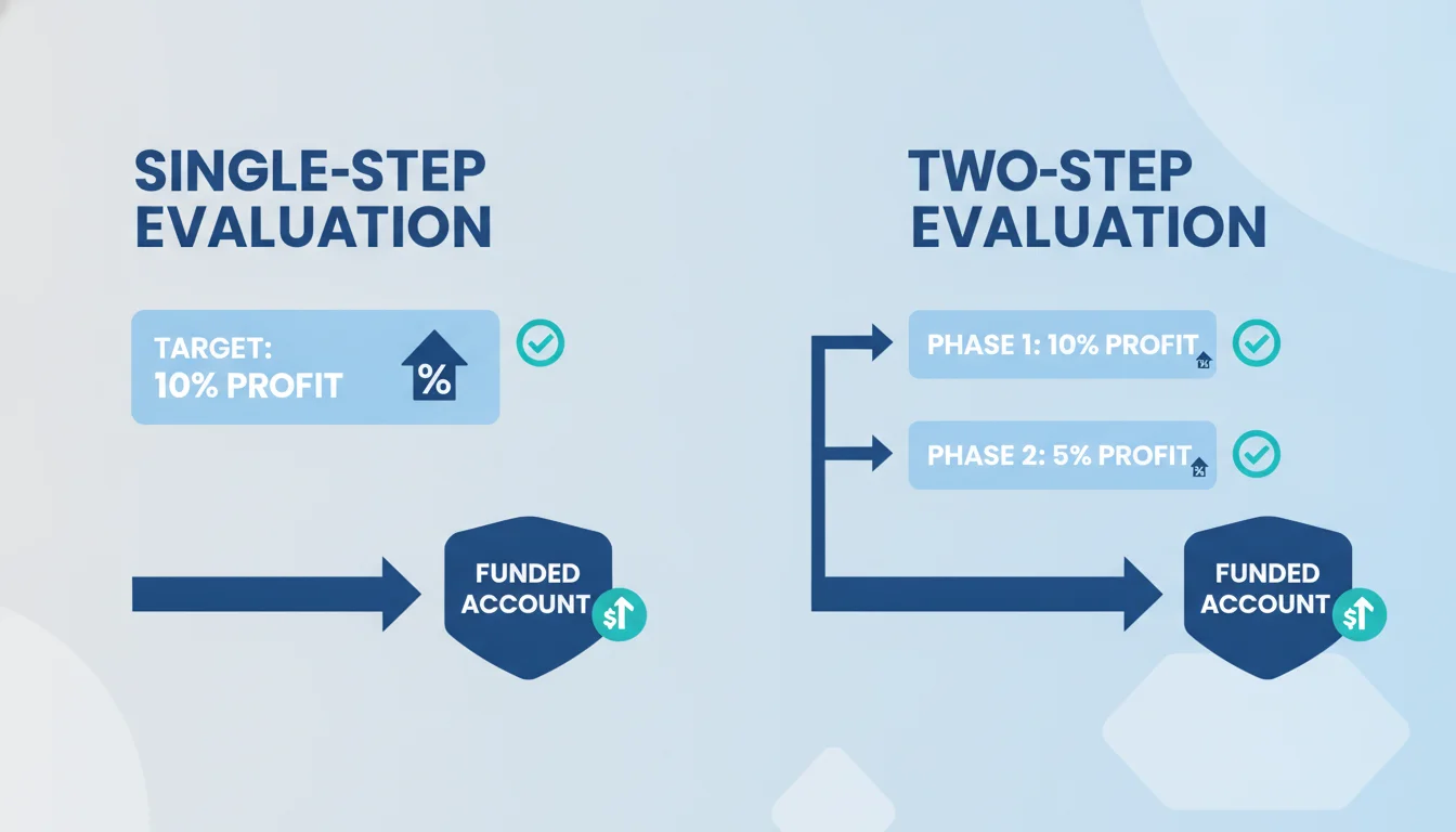 SabioTrade single-step versus FTMO two-step evaluation model diagram