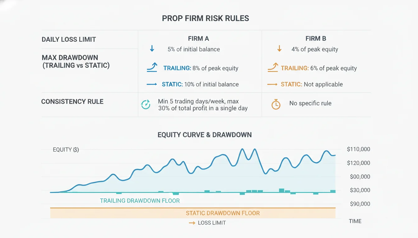 Comparison of SabioTrade and FTMO daily loss limits and trailing versus static drawdown