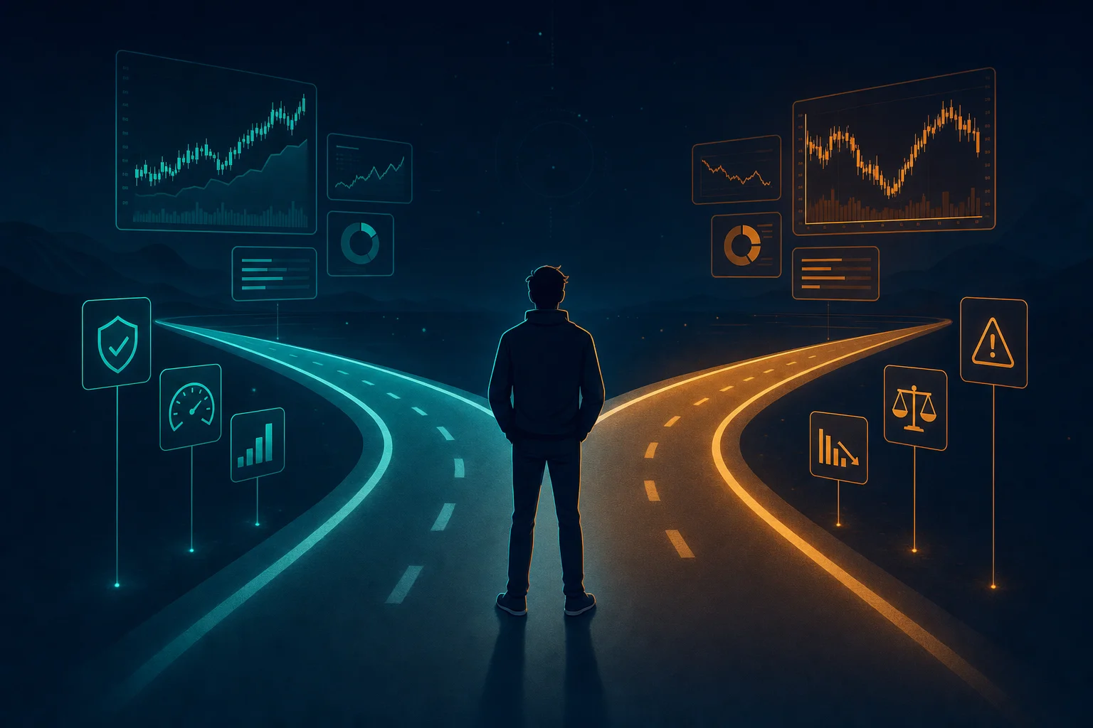A trader choosing between SabioTrade and FundedNext prop firm paths
