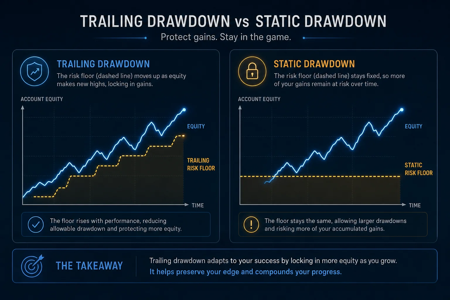 Diagram comparing SabioTrade trailing drawdown versus FundedNext static maximum loss limit