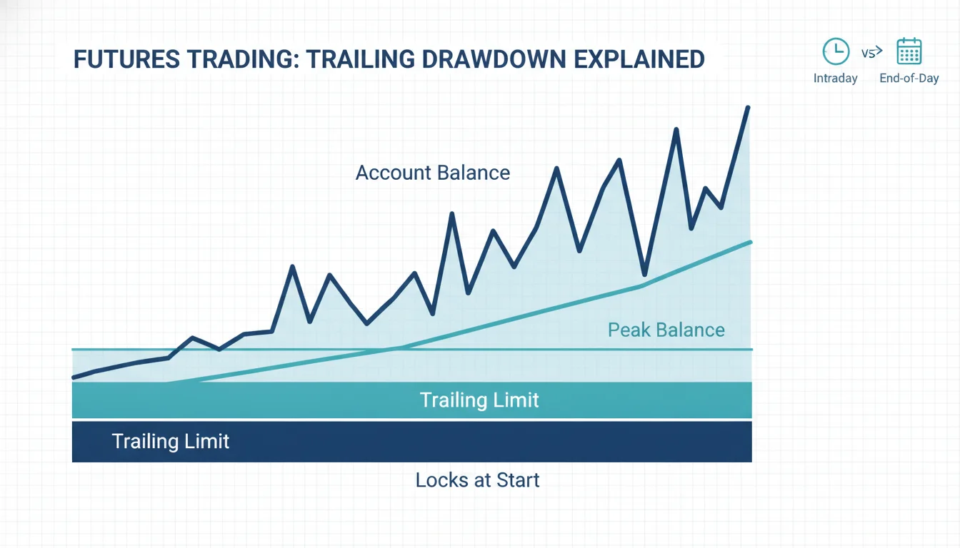 Diagram explaining trailing drawdown locking at the starting balance for futures prop firms