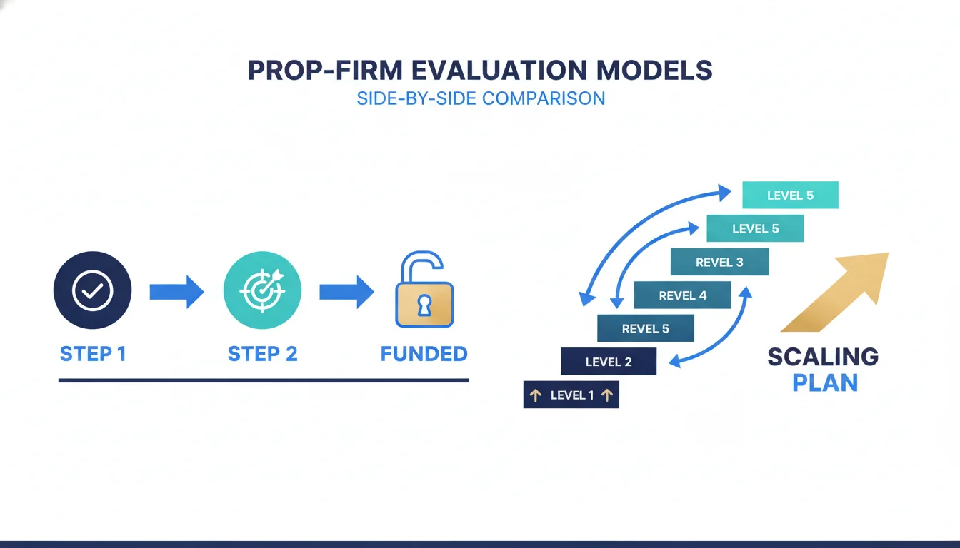 Side-by-side diagram of FTMO two-step evaluation and The Trading Pit scaling-plan model