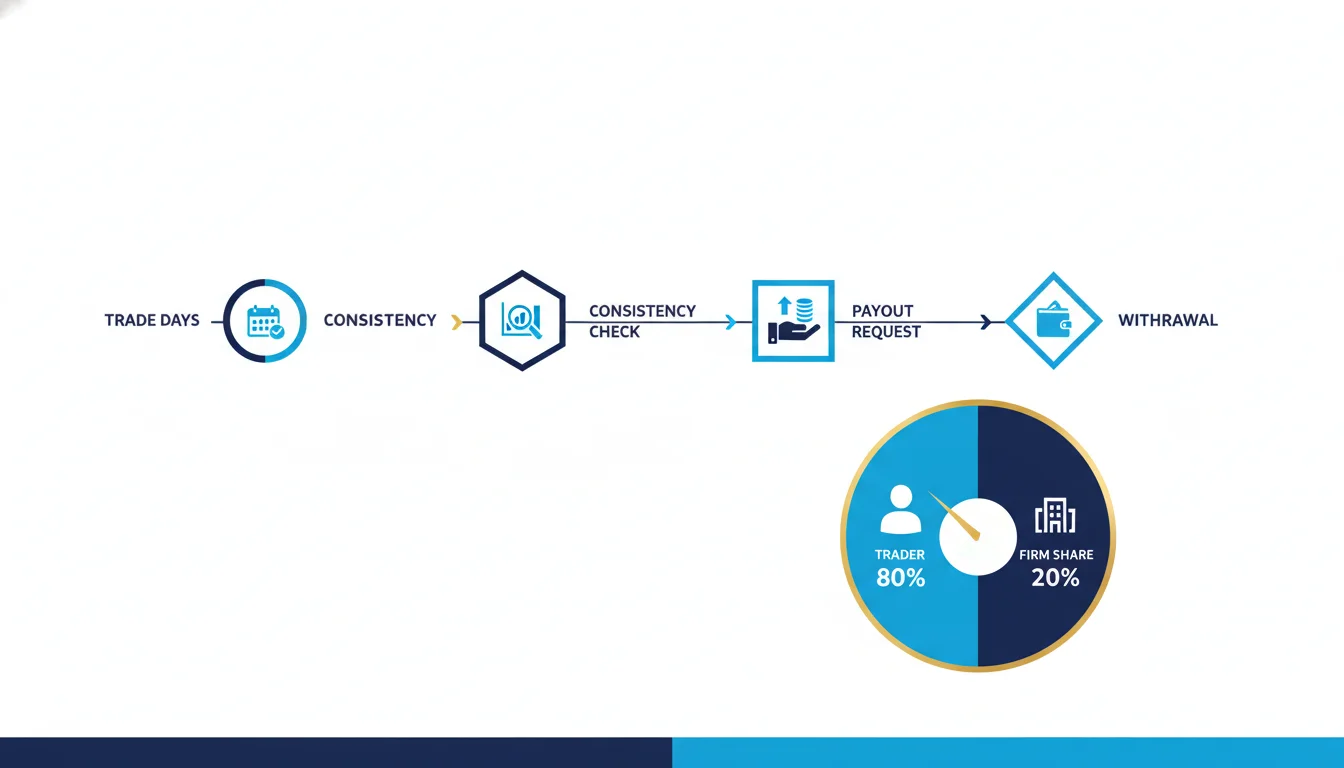 Infographic of a prop-firm payout flow and profit-split gauge