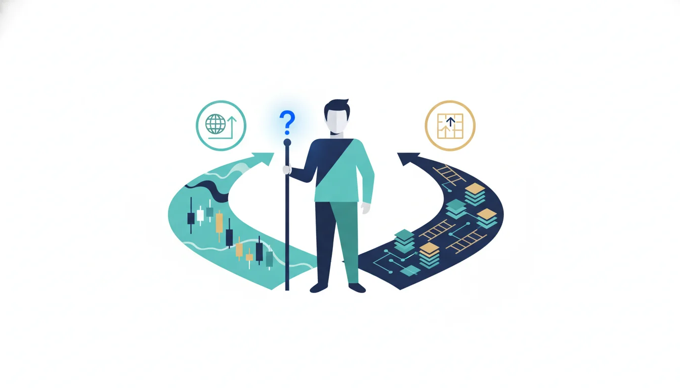 Trader at a crossroads choosing between forex/CFD and futures trading paths