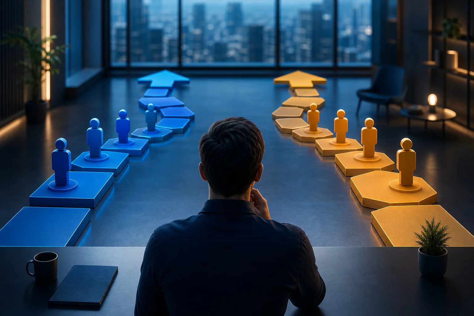 Trader reviewing two abstract futures prop firm route paths.